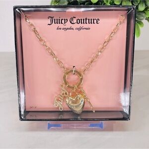 NEW Juicy‎ Couture Gold Heart Rhinestones Logo Key Chain Necklace